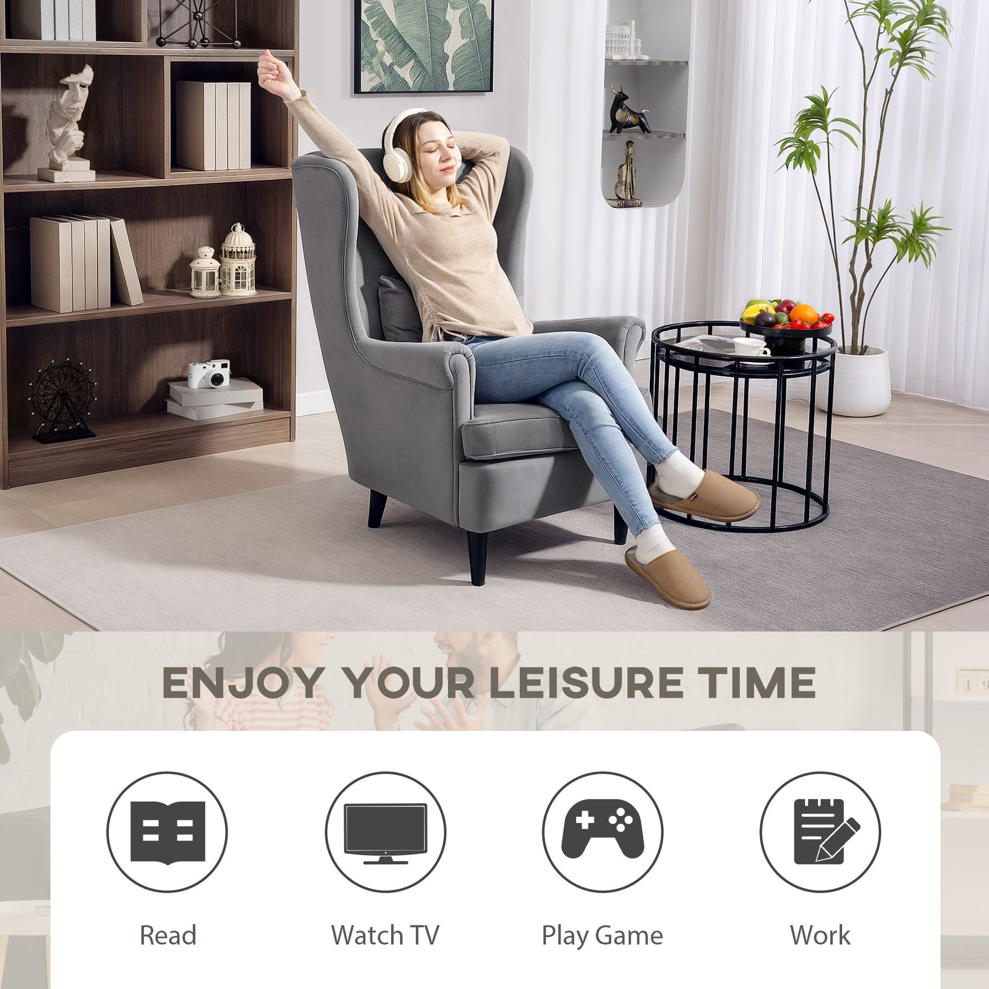 Modern Accent Chair, Upholstered Wingback Armchair with High Backrest and Pillow, Velvet-Feel Fabric Reading Chair with Solid Wood Legs for Living Room, Bedroom, Home Office, Dark Grey