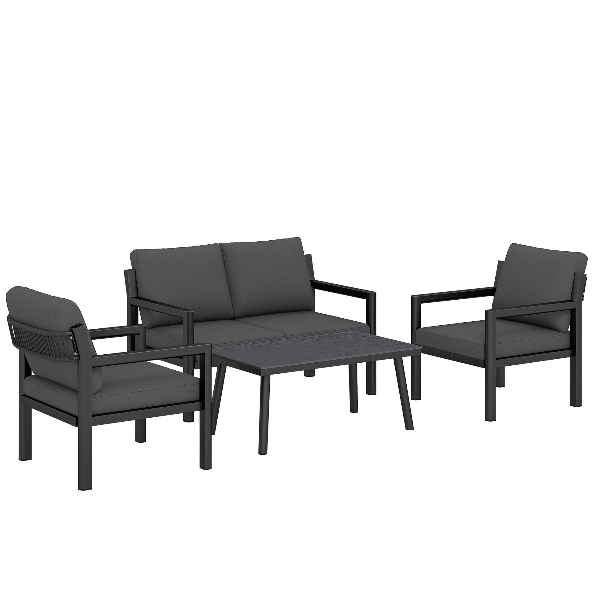 4 Seater Rattan Garden Furniture Set with 2 Armchairs, Loveseat, Coffee Table, Garden Sofa Set with Cushions, Dark Grey