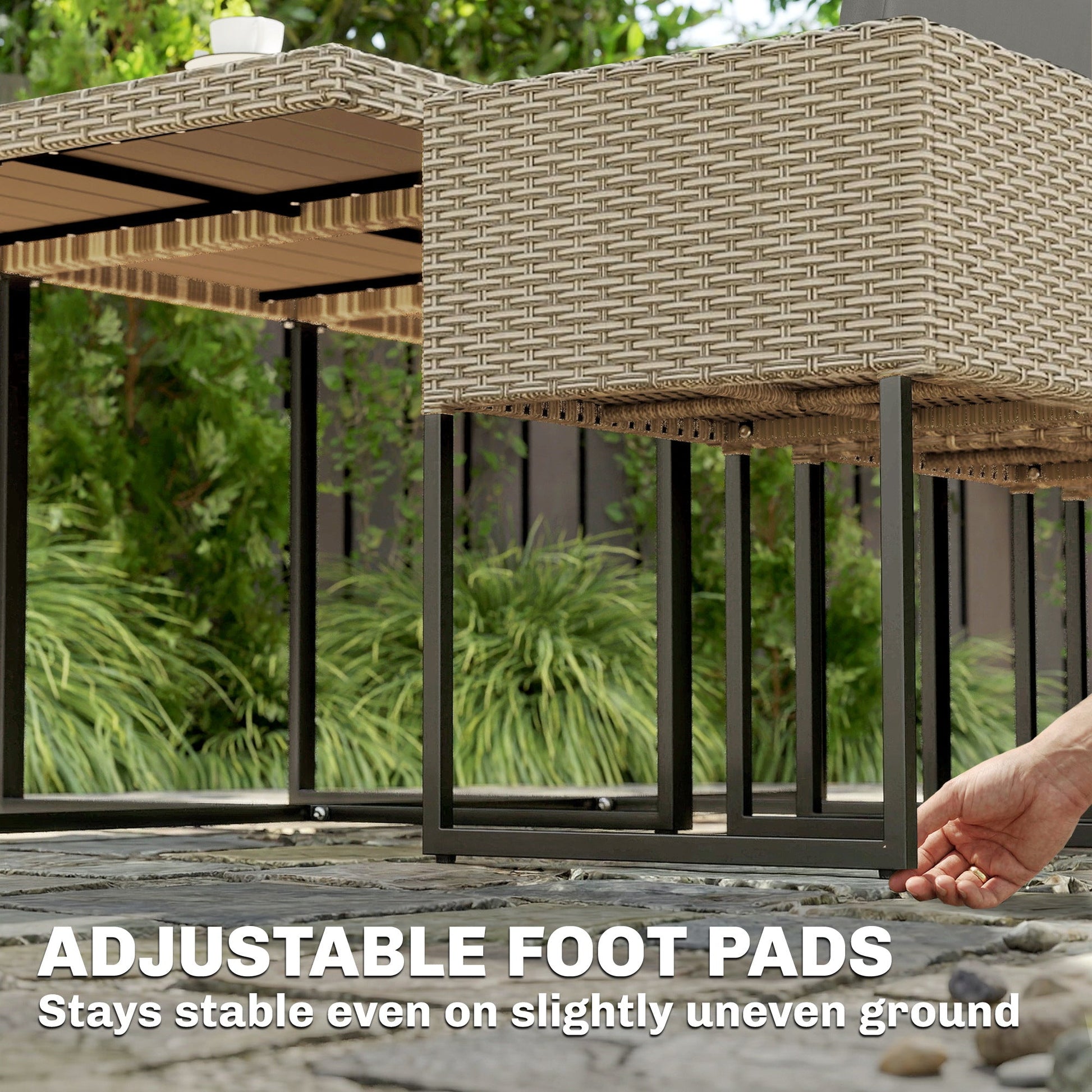 7 Piece Rattan Garden Furniture Set, Garden Dining Set with Wood-Plastic Table and 6 Stackable Chairs, Light Grey