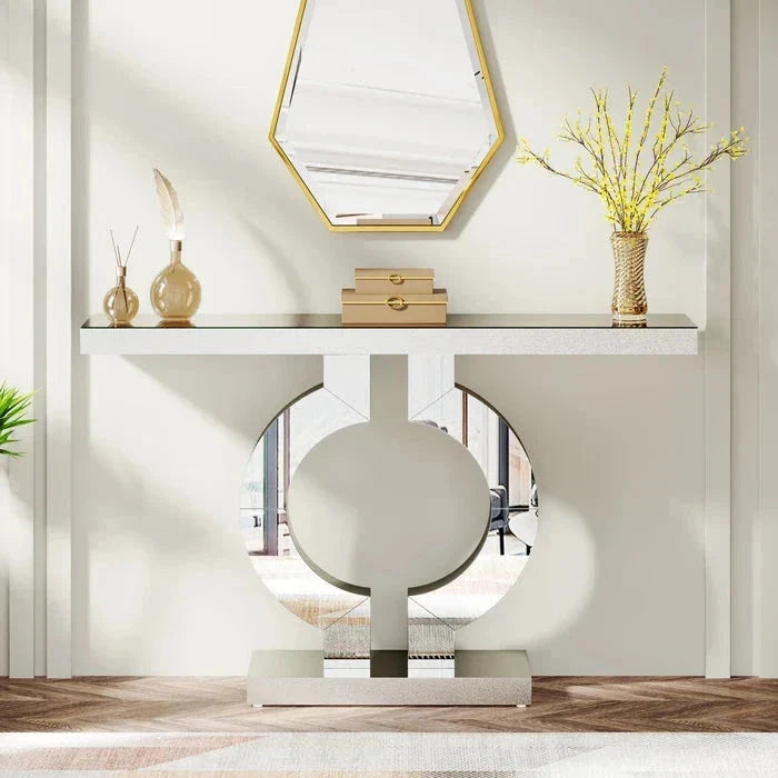 110cm Mirrored Console Table, Modern Silver Console Table with O-Shaped Base