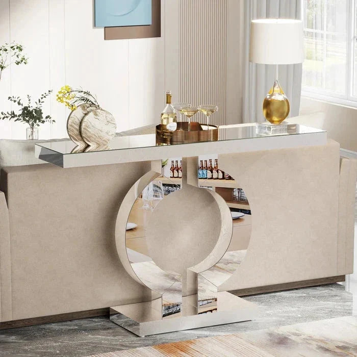 110cm Mirrored Console Table, Modern Silver Console Table with O-Shaped Base