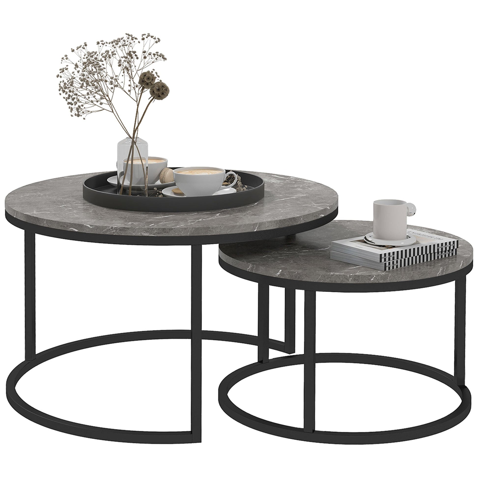 Industrial Nesting Coffee Table Set of 2, Round Coffee Tables, Living Room Table with Faux Marbled Top and Steel Frame