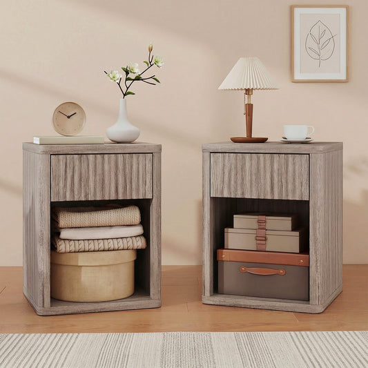 Modern Bedside Table Set of 2, Bedside Cabinet with Drawer and Open Shelf, Side End Table, Nightstand for Bedroom, Oak