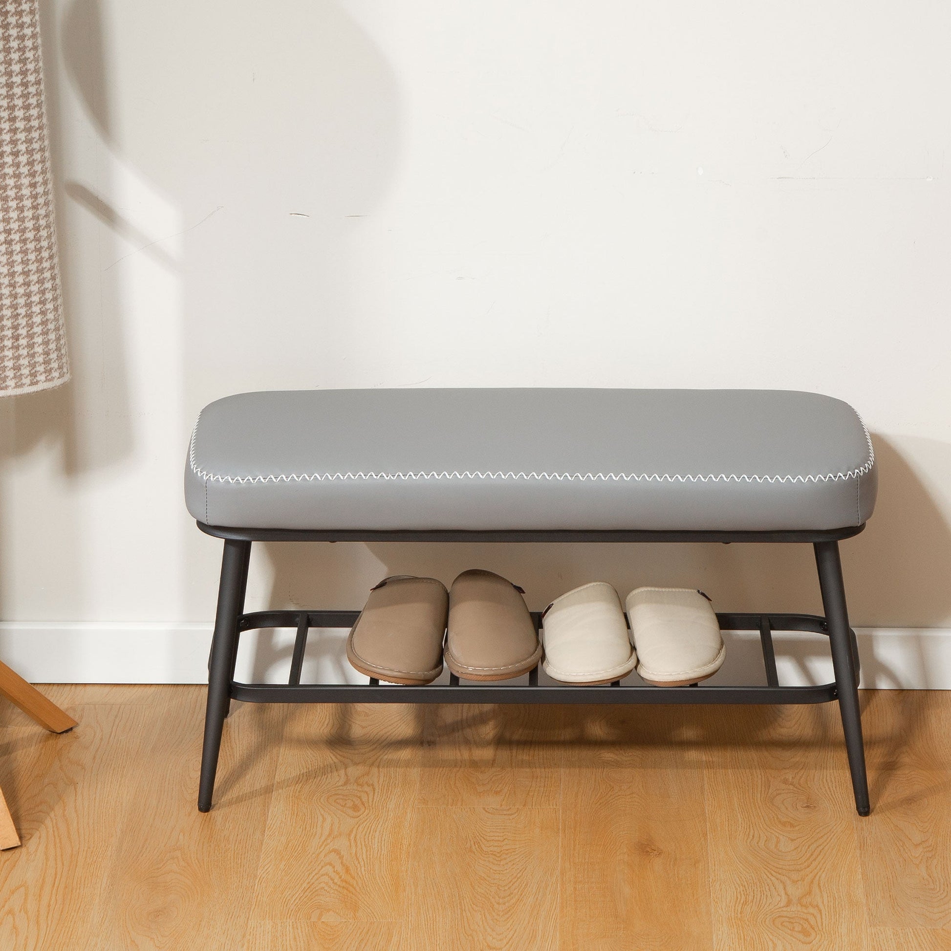 PU Leather Shoe Storage Bench - Grey