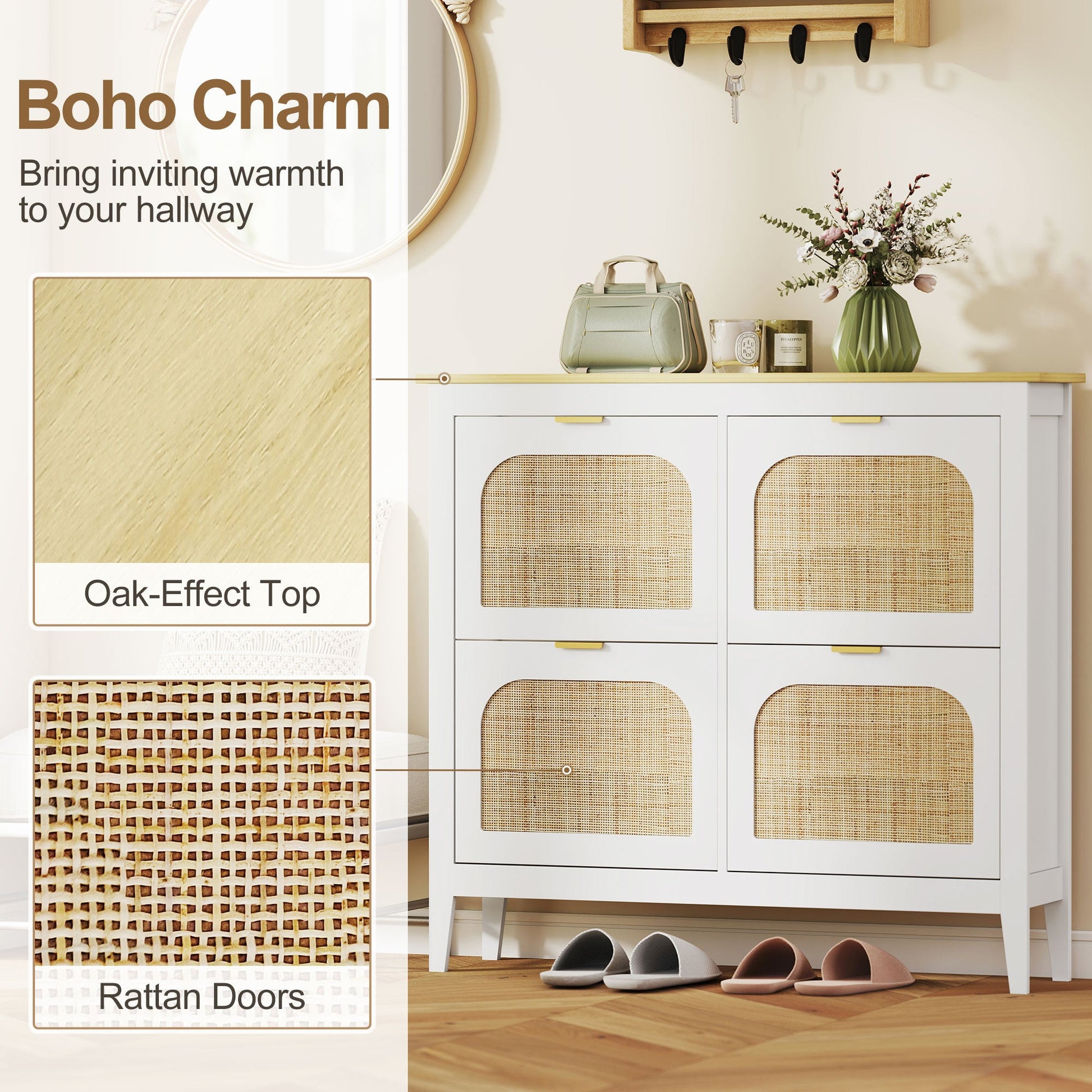 Narrow Shoe Cabinet, Boho Slim Shoe Storage Cabinet with 4 Flip Drawers, Holds 20 Pairs, White