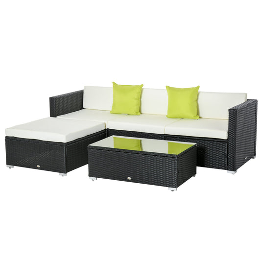 4-Seater Rattan Sofa Set Set Garden Outdoor Sectional Sofa Coffee Table Metal Frame w/Cushion Pillows-Black