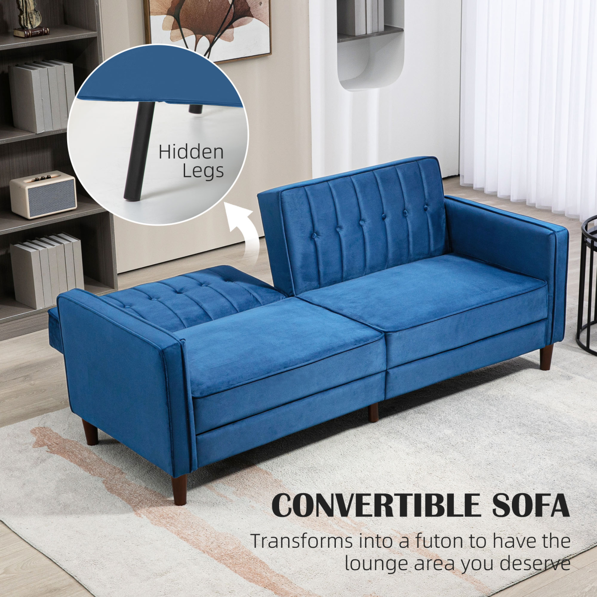 Convertible Sofa Futon Velvet-Touch Tufted Couch Sofa Bed Blue