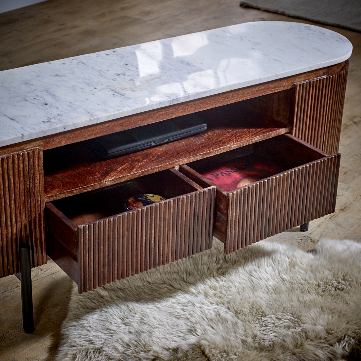 Opal Mango Wood Tv Cabinet With  Marble Top & Metal Legs