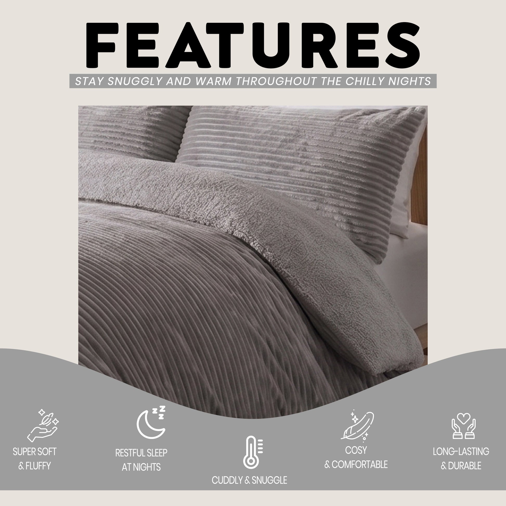 OLIVIA ROCCO Ribbed Fleece Reversible Teddy Duvet Set OEKO-TEX Certified Multiple Sizes