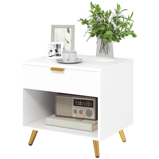 Elegant Bedside Table, with Drawer and Shelf - White/Gold Tone