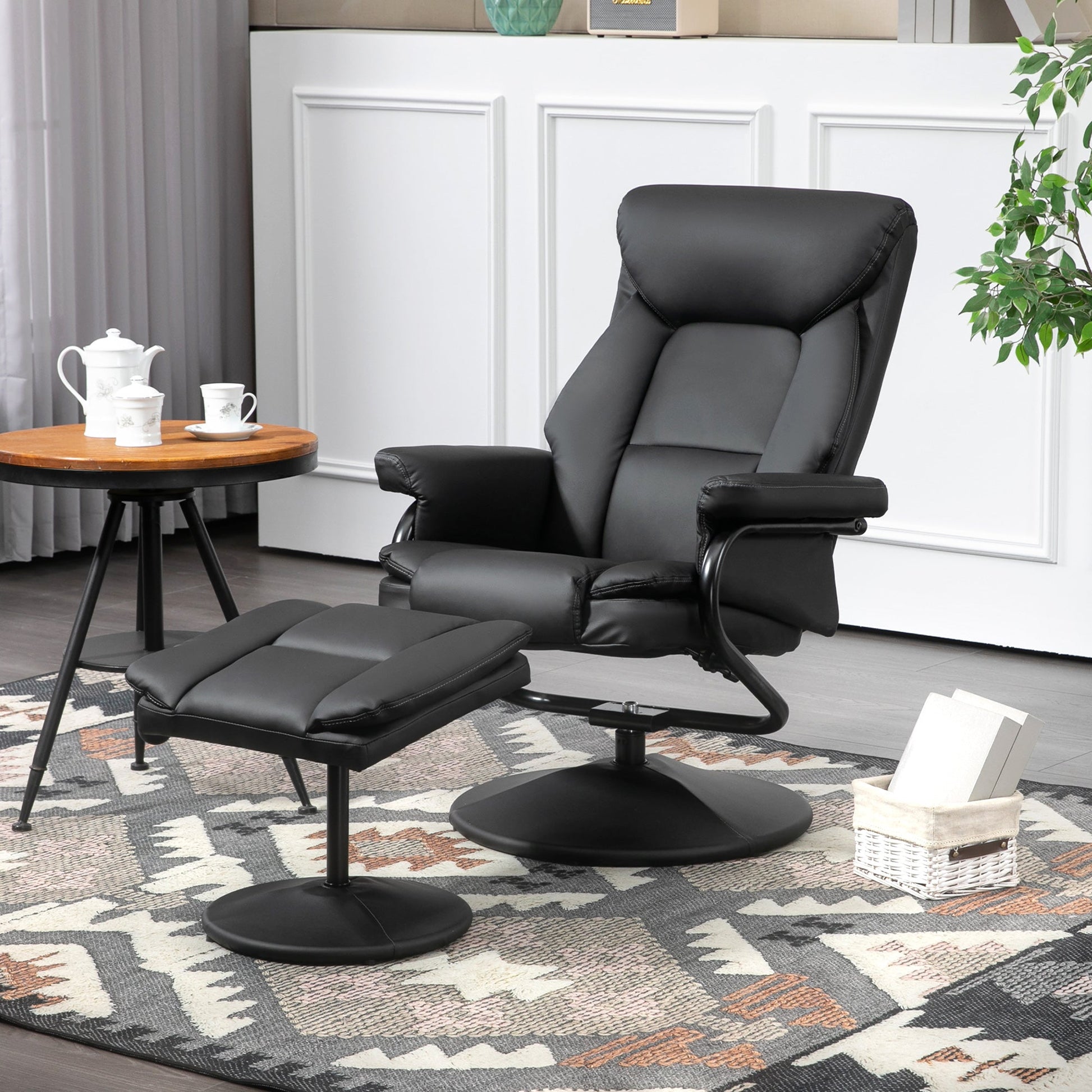 Swivel Recliner Chair with Footstool, PU Leather Recliner Armchair with Ottoman, Steel Base, Upholstered Reclining Chair for Living Room, Bedroom, Office, Black