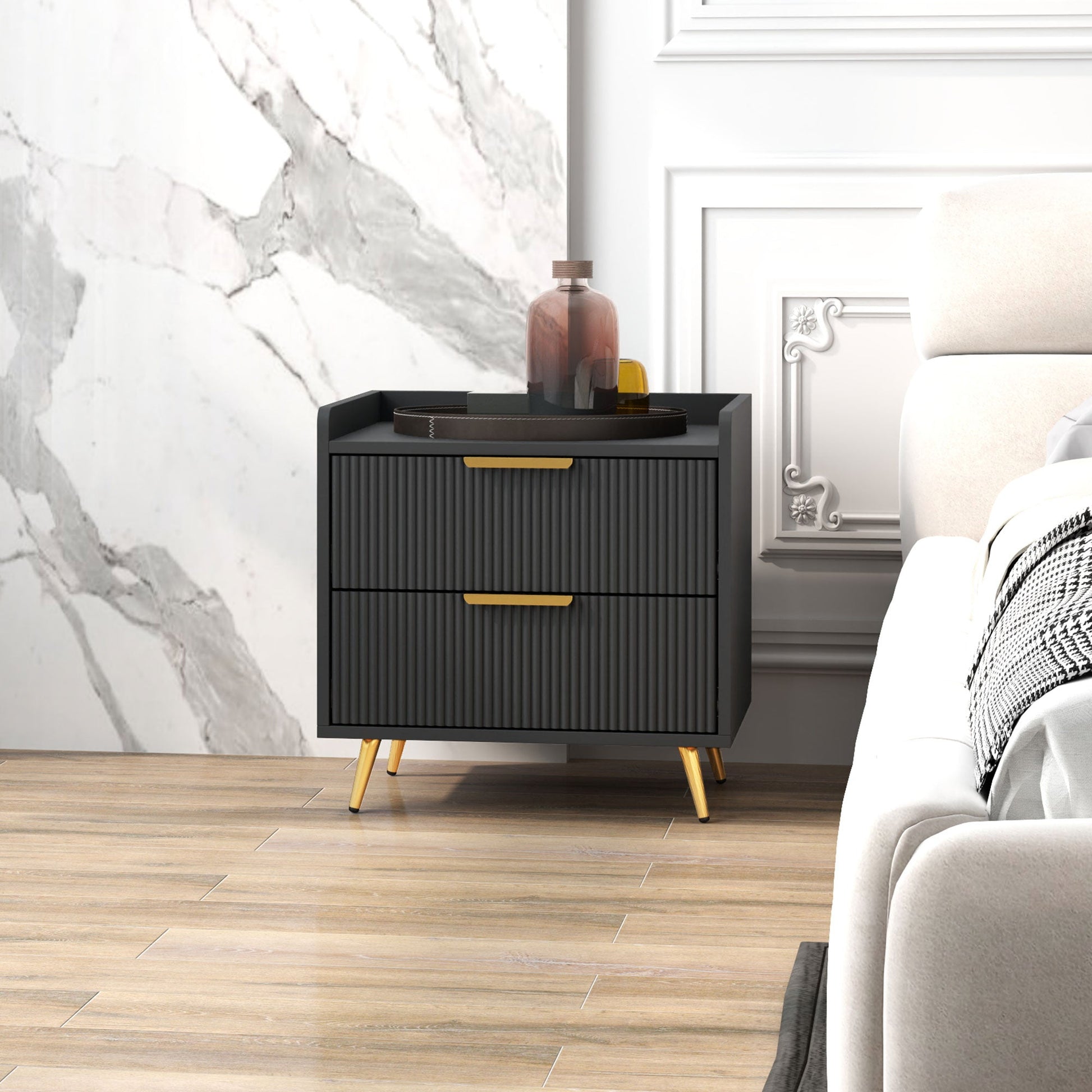 Elegant Two-Drawer Bedside Table - Black