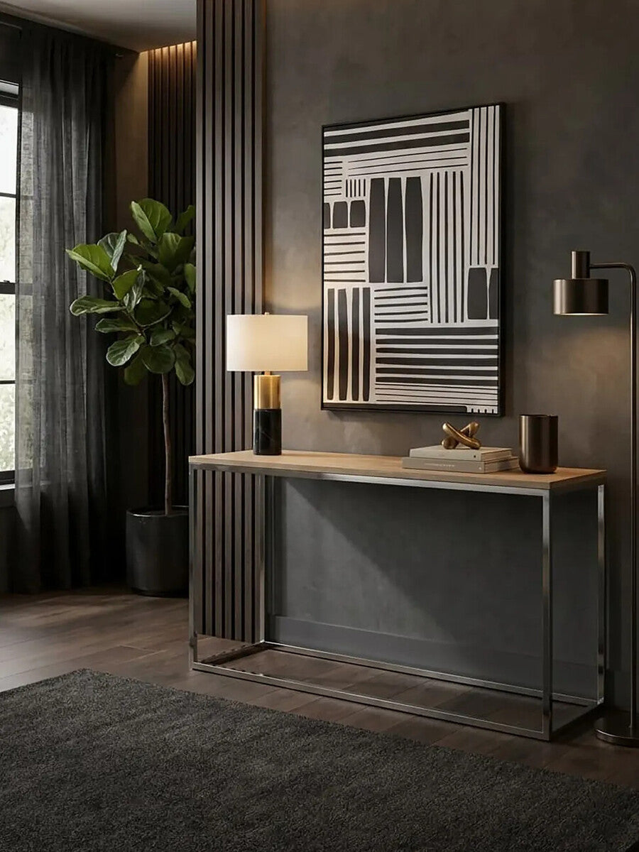 Hampstead Oak Wood and Silver Finish Console Table