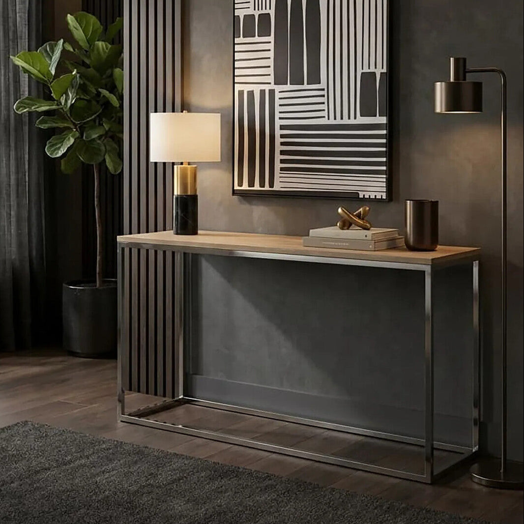 Hampstead Oak Wood and Silver Finish Console Table