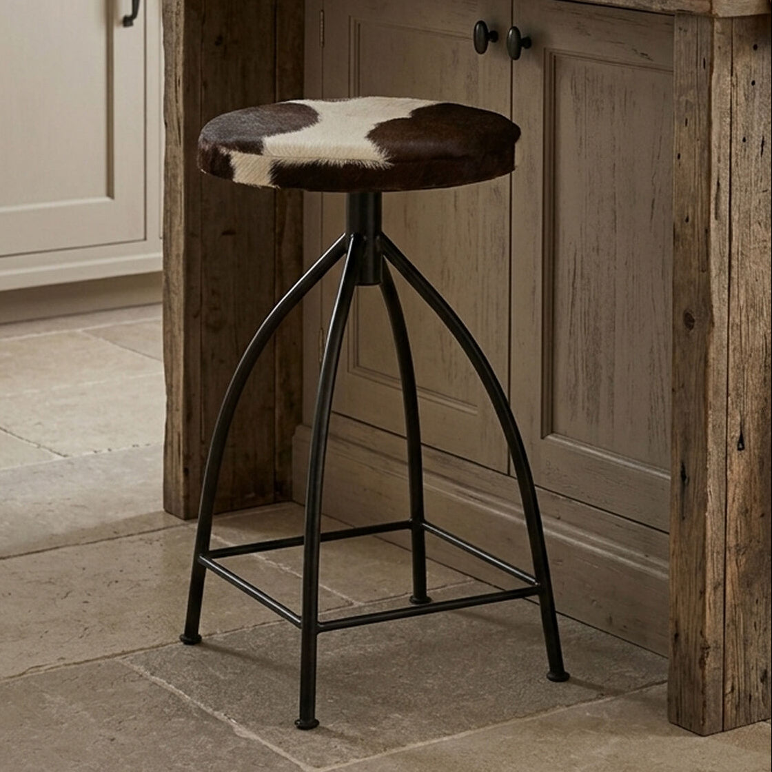 Boho Brown Hair on Leather Bar Stool with Metal Frame