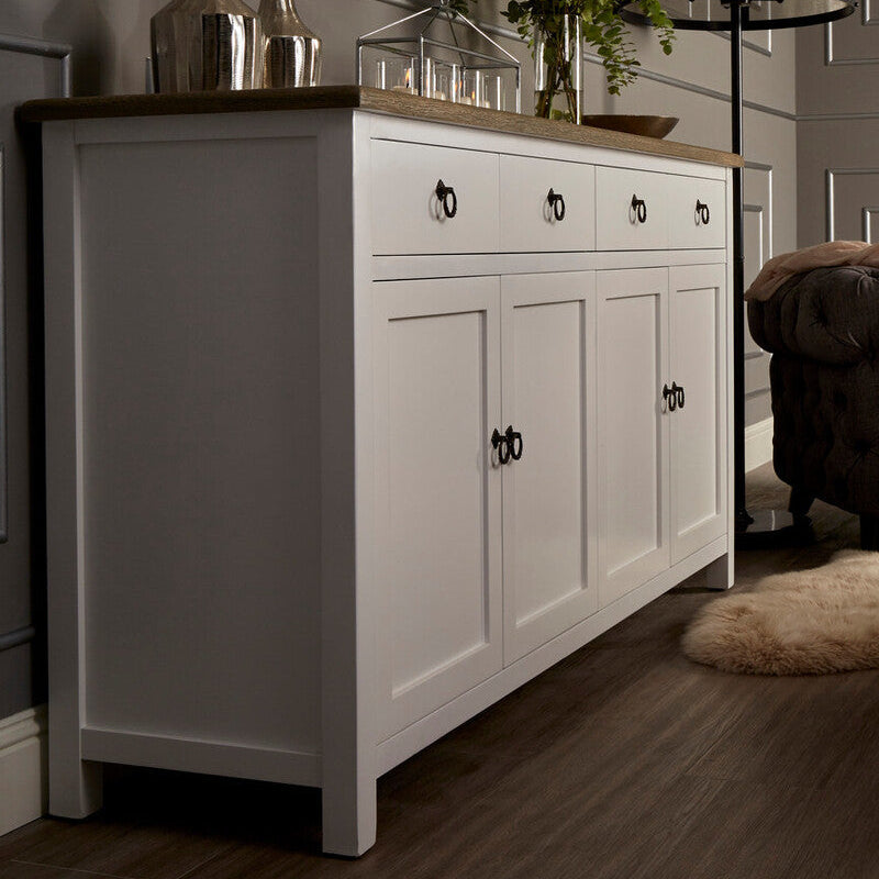 Hampstead White and Oak Wood 4 Door Sideboard with Drawers