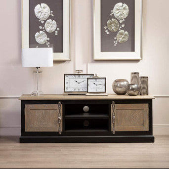 Kensington Townhouse Black and Grey Oak Veneer 2 Door Media Unit