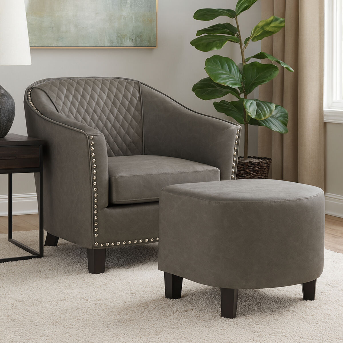 Derby Grey Leather Effect Tub Chair and Footstool Set