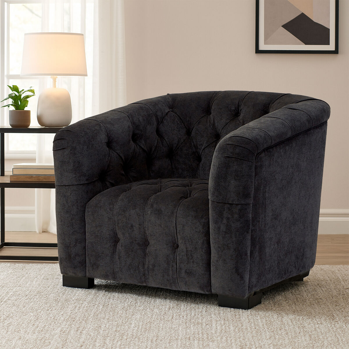 Fenton Black Fabric Button Tuffted Armchair