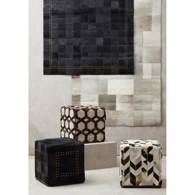 Genuine Grey Leather Patchwork Pouffe | Safira