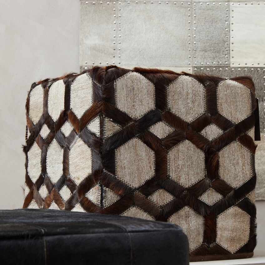 Genuine Grey Leather Patchwork Pouffe | Safira