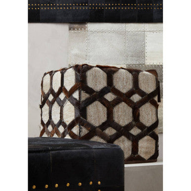 Genuine Grey Leather Patchwork Pouffe | Safira