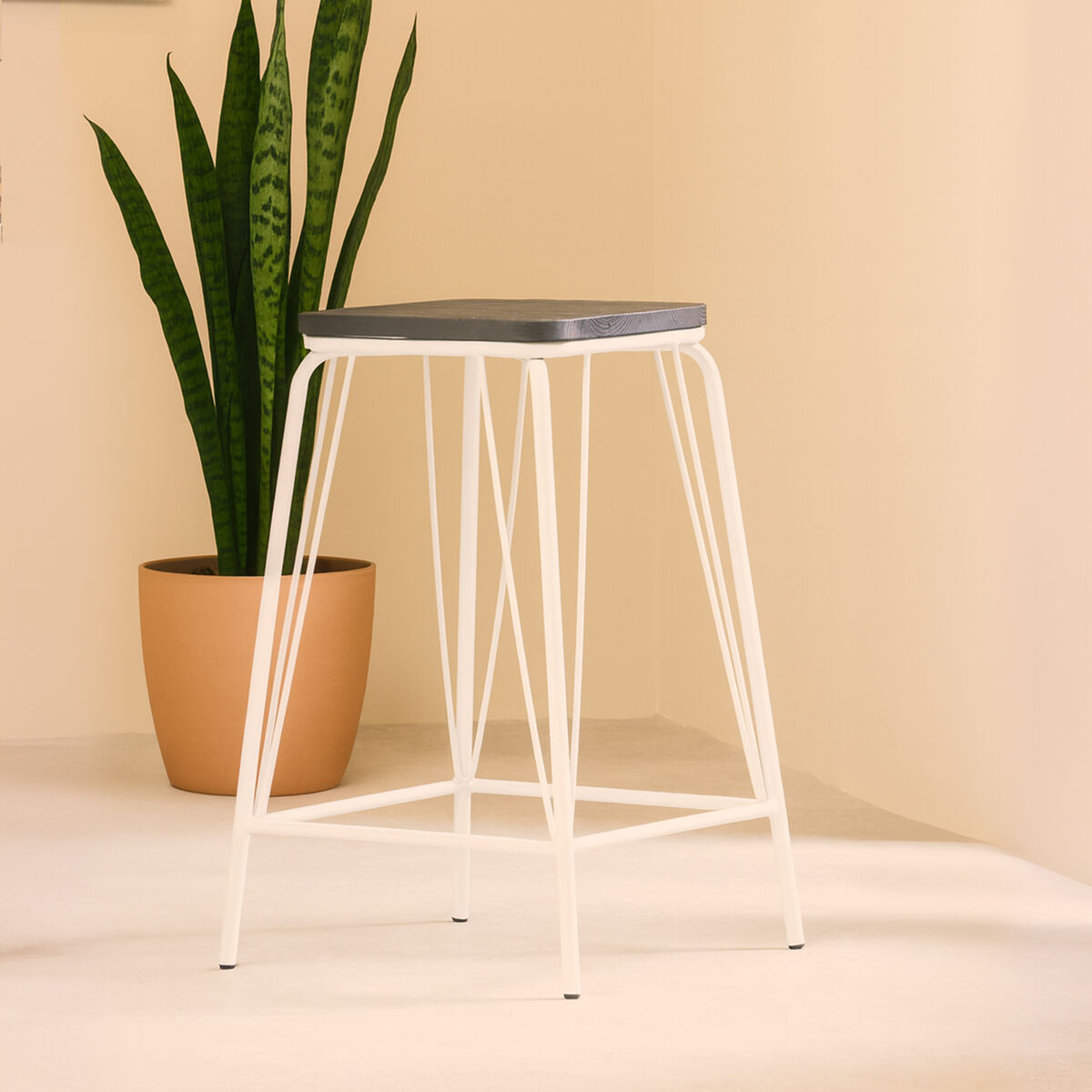 District Dark Elm Wood and White Metal Bar Stool