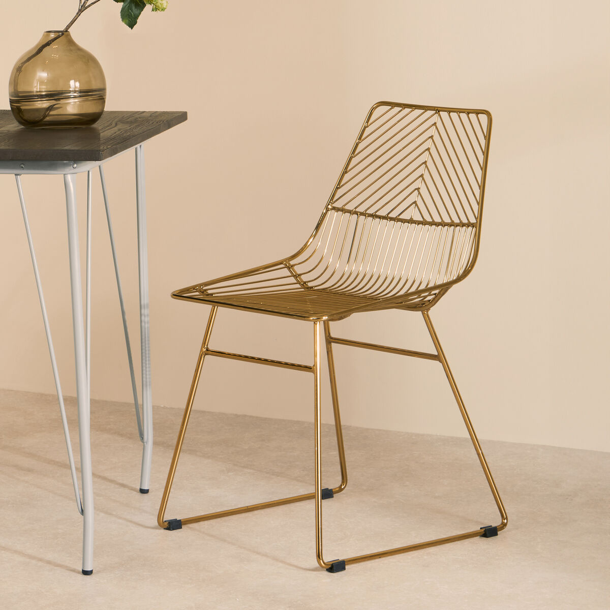 District Gold Finish Metal Wire Chair with Tapered Legs