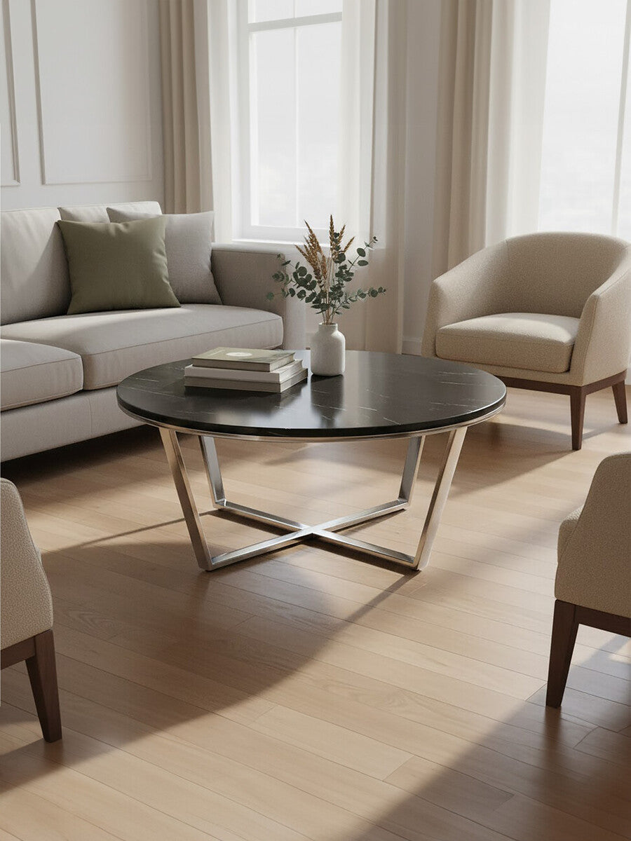 Allure Black Marble Effect Round Coffee Table with Chrome Base