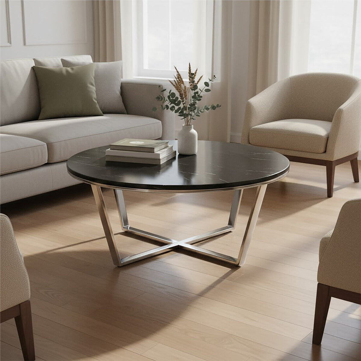 Allure Black Marble Effect Round Coffee Table with Chrome Base