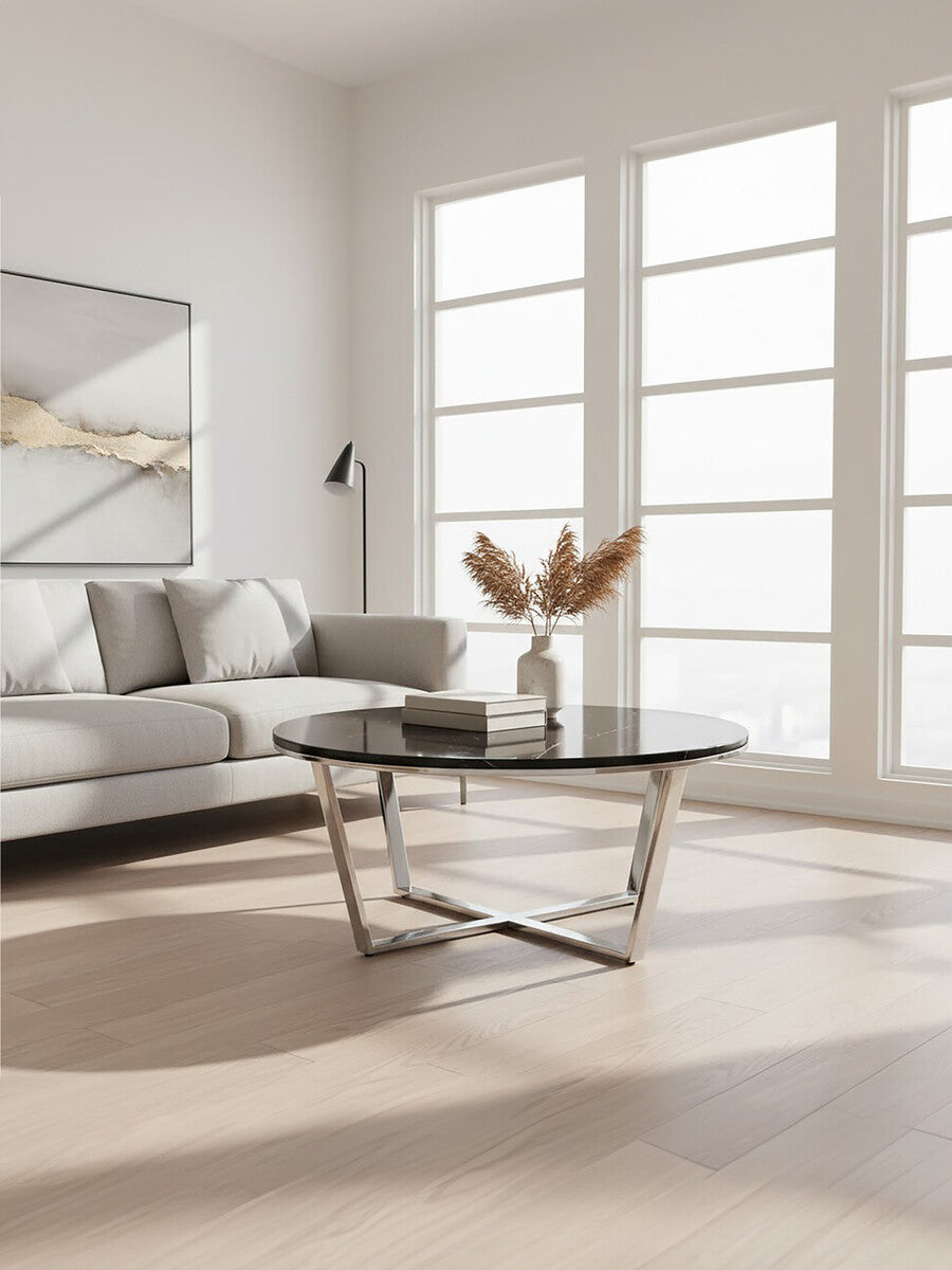 Allure Black Marble Effect Round Coffee Table with Chrome Base