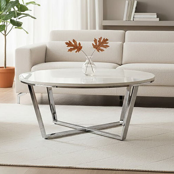 Allure White Marble Effect  Round Coffee Table with Chrome Finish Base