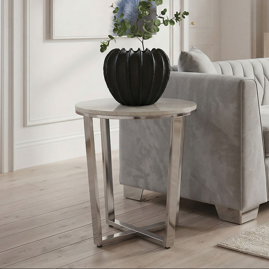 Allure White Marble Effect Round Side Table with Chrome Finish Base