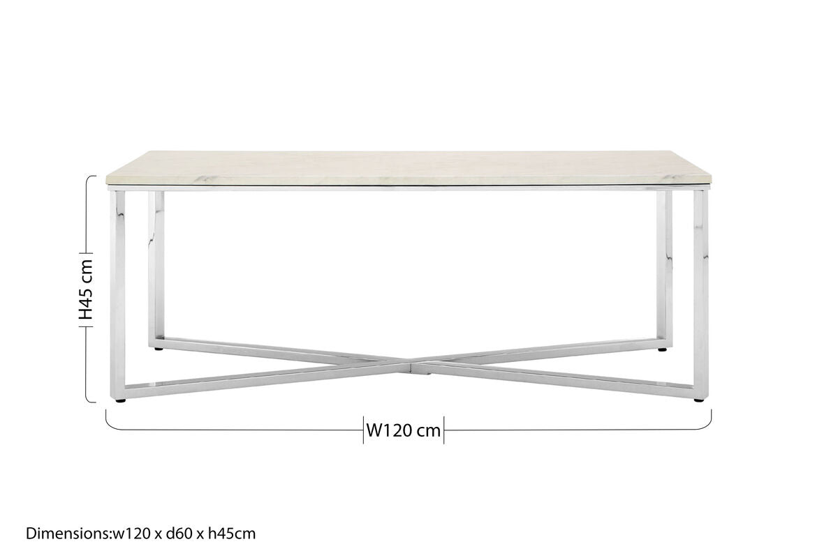 Allure White Marble Effect Rectangular Coffee Table with Chrome Finish Base