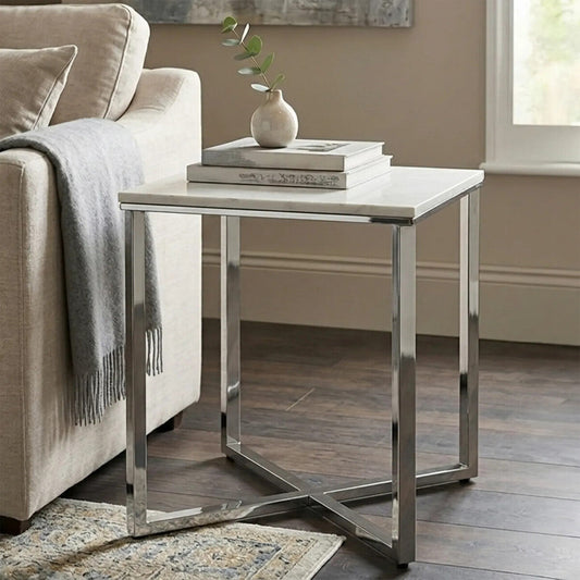 Allure White Marble Effect Square Side Table with Chrome Base