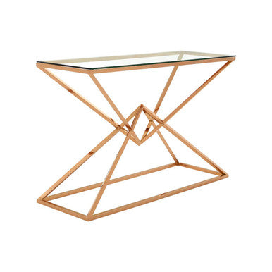 Allure Clear Glass Console Table with Rose Gold Finish Frame