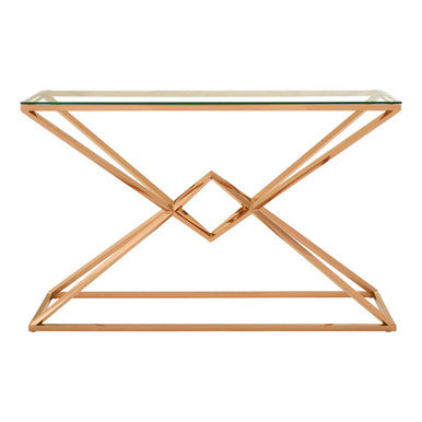 Allure Clear Glass Console Table with Rose Gold Finish Frame