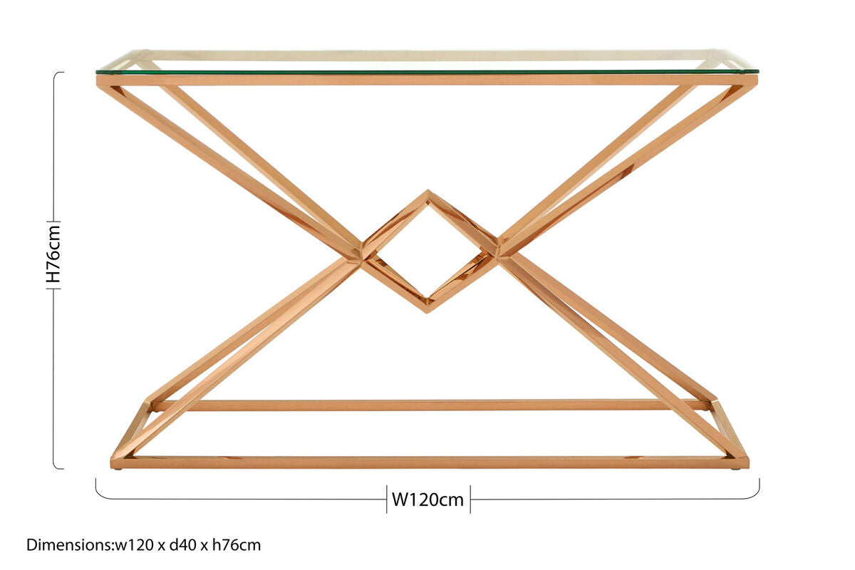 Allure Clear Glass Console Table with Rose Gold Finish Frame