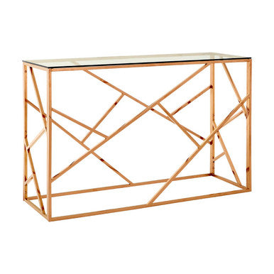 Allure Clear Glass Console Table with Geometric Rose Gold Base