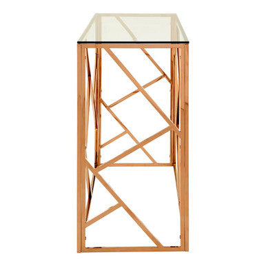 Allure Clear Glass Console Table with Geometric Rose Gold Base
