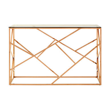 Allure Clear Glass Console Table with Geometric Rose Gold Base