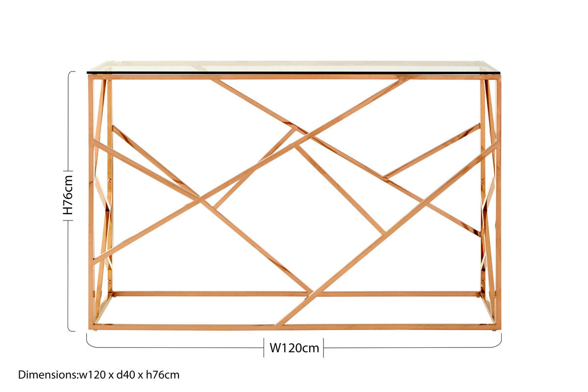 Allure Clear Glass Console Table with Geometric Rose Gold Base