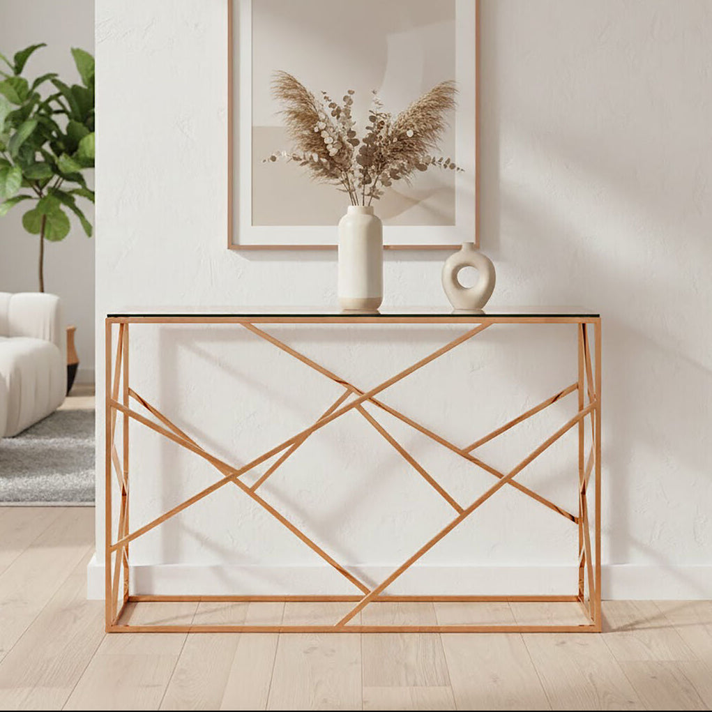 Allure Clear Glass Console Table with Geometric Rose Gold Base