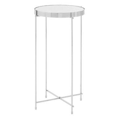 Allure Silver Mirrored Glass Tall Side Table with Chrome Finish Legs