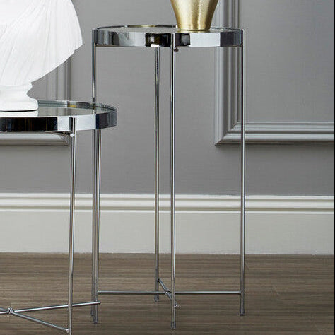 Allure Silver Mirrored Glass Tall Side Table with Chrome Finish Legs