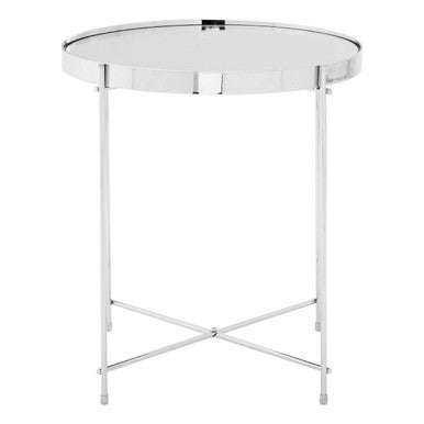 Allure Silver Mirrored Glass Round Side Table with Chrome Finish Legs