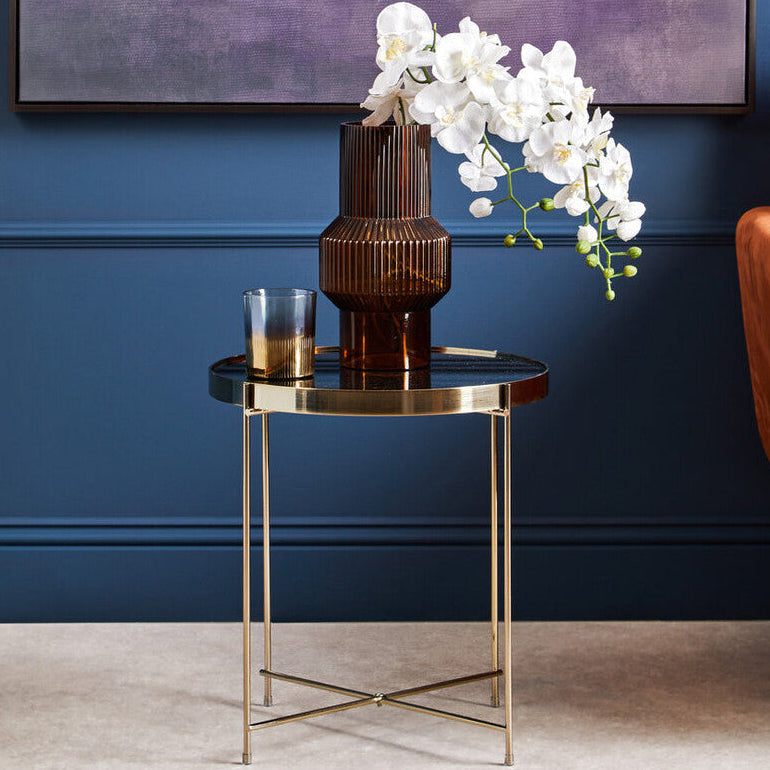 Allure Black Mirrored Glass Low Side Table with Brushed Bronze Finish Legs