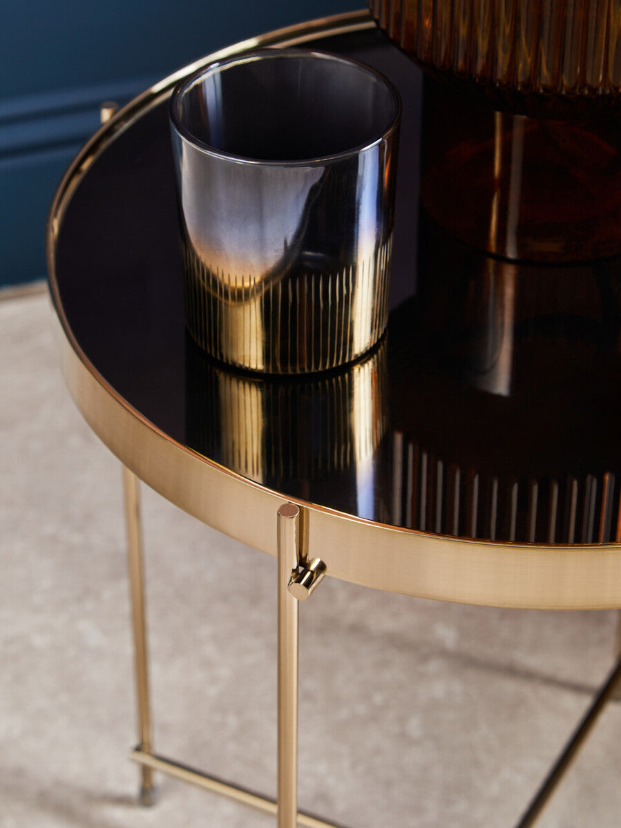 Allure Black Mirrored Glass Low Side Table with Brushed Bronze Finish Legs