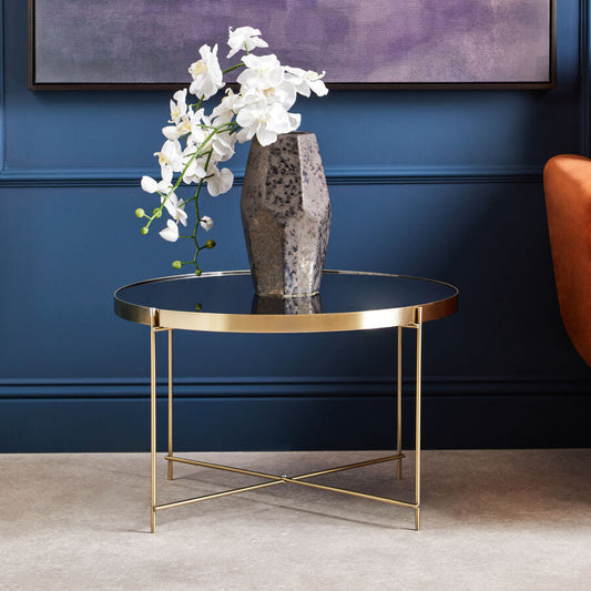 Black Mirrored Glass Large Side Table with Brushed Bronze Finish Legs