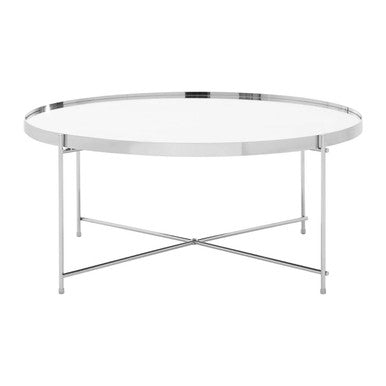Allure Chrome Finish Mirrored Glass Round Coffee Table with Cross Base